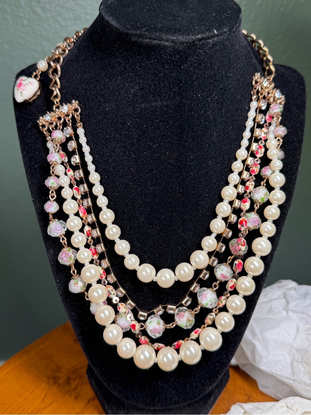 Betsey Johnson rose garden Multi-Strand Pearl & Floral Bead Necklace - Gold Tone